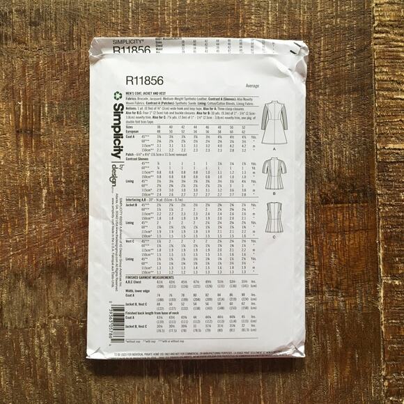 Simplicity Sewing Pattern R11858 Mens Jacket Coat Vest GOT Costume 46-52 UNCUT - Picture 2 of 3